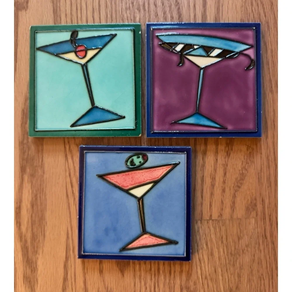 Set of 3 Mid-Century Retro Martini Glass Ceramic Tile Coasters Bar Decor